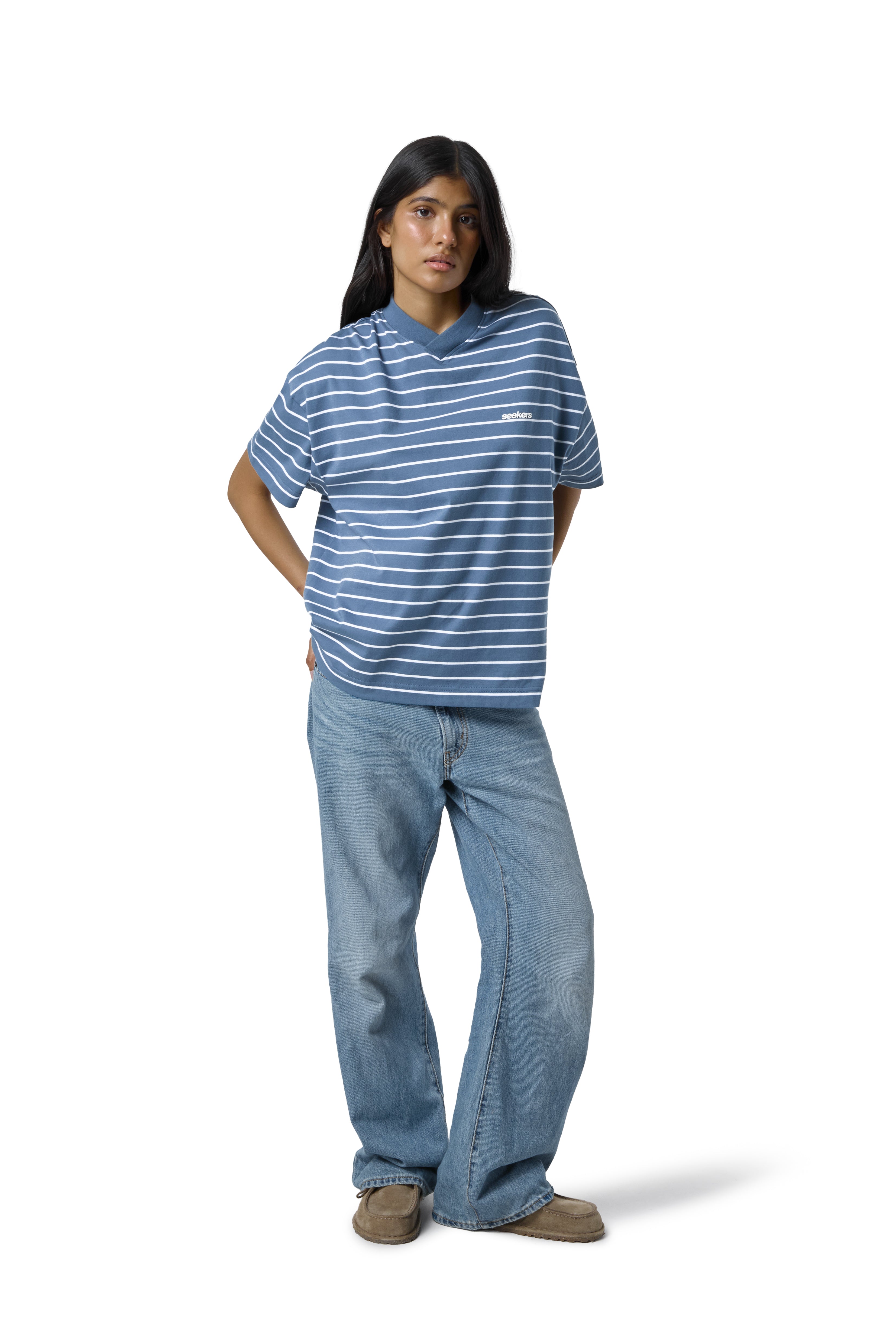Devon Striped Oversized Tee in Blue Wash